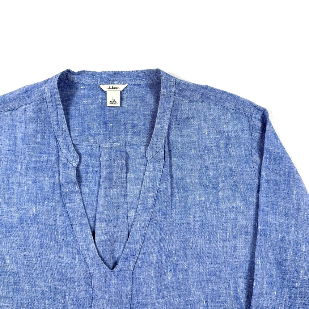 Lagenlook LL Bean Tunic Blouse Linen‎ Blue Long Sleeves Pleats Sz L Pet
